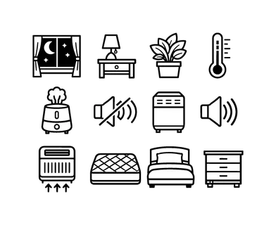 Bedroom environment: bedroom interior, window with moon, curtains, bedside table, lamp light, plant decor, temperature thermometer, humidifier, noise control, air