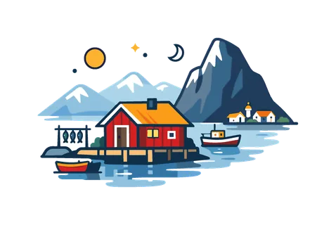 Traditional Arctic coastal settlement surrounded by mountains and sea reflecting the quiet rhythm of northern fishing communities, a small seaside cabin beside a steep mountain
