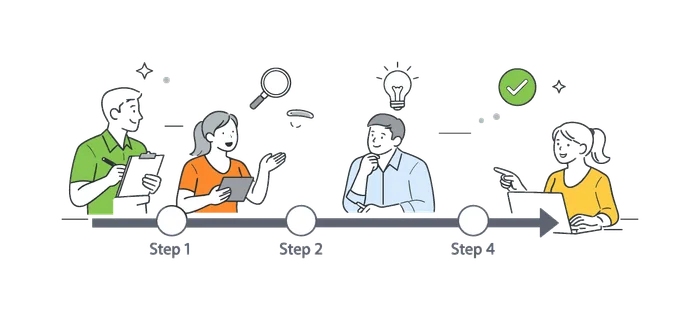 A structured process visibility scenario where a team maintains clear oversight of each stage in a workflow without confusion or gaps, built around a visual metaphor of a