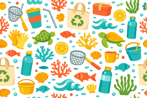 Plastic-free ocean lifestyle seamless pattern for sustainability campaigns with reusable cup, metal straw, lunch box, tote bag, lemon slice, fish, turtle, wave, coral, shell,