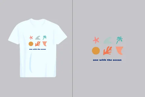 A minimalist graphic design featuring abstract shapes representing ocean elements and the phrase 'one with the ocean'