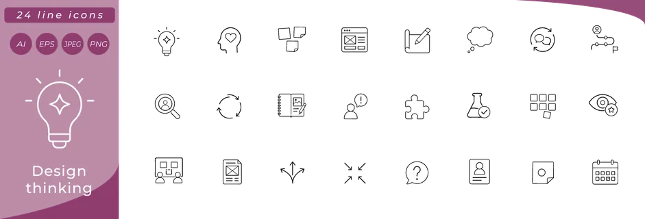 Design thinking: lightbulb with spark, empathy heart in head silhouette, sticky notes cluster, prototype wireframe screen, pencil on drafting paper, user journey path, brainstorm cloud, feedback loop