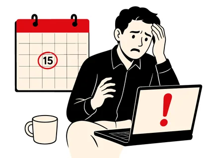 A man clutches his head in distress while looking at a laptop screen displaying an urgent alert, with a calendar marking a significant date nearby
