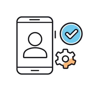 Digital onboarding and smooth user registration process in a modern online service environment, a smartphone displaying a simple user profile icon beside a checkmark badge and a