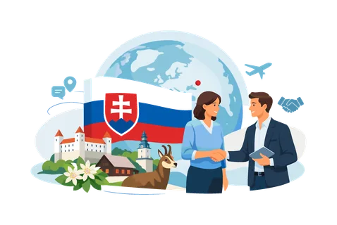 International awareness and global representation scenario where Slovakia is introduced through its national symbols in a modern informational setting, visualized with