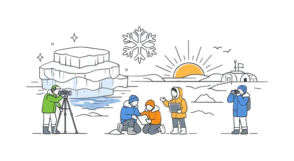 A polar exploration scene where researchers observe massive snow ice caps and study frozen landscapes in a remote arctic environment, using a clear visual metaphor of layered ice