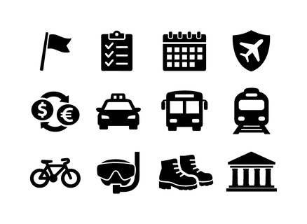 Travel services and activities: tour guide flag, itinerary checklist, booking calendar, travel insurance shield, currency exchange, taxi cab, bus transport, train front,
