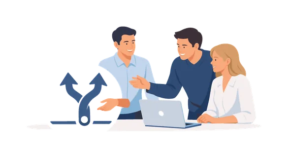 A team strengthening shared alignment during a collaborative planning discussion, gathered near a laptop while interacting with a simple unified path symbol beside it,