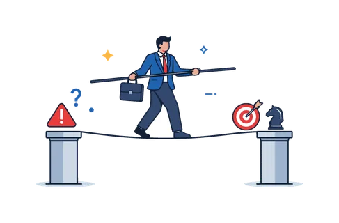 Business risk management concept showing a professional carefully maintaining stability while navigating uncertain decisions and competitive pressure, a person walking on a