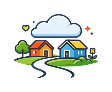 Local community life and harmonious outdoor recreation in a quiet countryside setting centered on relaxation and belonging, two tiny village houses near a curved pathway and simple