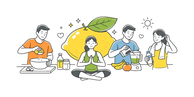 A fresh and healthy lifestyle concept where people incorporate natural ingredients into daily routines such as cooking and wellness practices, using a simple lemon and a single