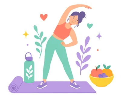 A woman in athletic wear performs a side stretch on a yoga mat, surrounded by symbols of a healthy lifestyle including fruits and a water bottle