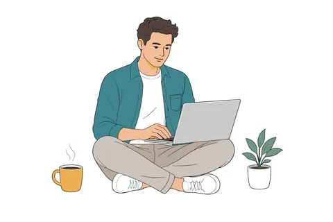 A man in casual attire is focused on his laptop, enjoying a warm beverage and a small potted plant nearby, embodying a relaxed work-from-home atmosphere