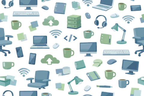 Tech startup workspace seamless pattern for productivity and digital business concepts featuring desktop computer, laptop, keyboard, mouse, smartphone, headset, wifi icon, server