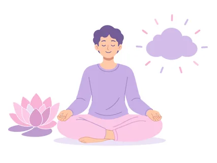 A person sits in a meditative pose, symbolizing inner peace and mindfulness, with a lotus flower and a serene cloud nearby