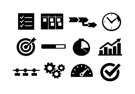 Work process and productivity: checklist, task board, workflow arrows, time tracking clock, goal target, progress bar, focus timer, analytics chart, project timeline,
