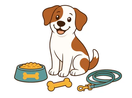 A cheerful, stylized puppy sits beside its food dish and a bone, with a leash coiled nearby, symbolizing pet care and companionship