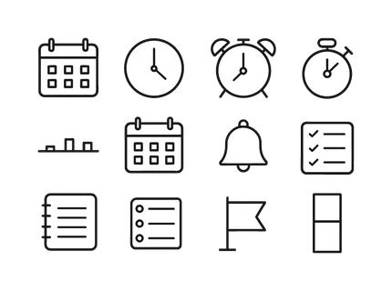 Scheduling and time management: calendar, clock, alarm clock, stopwatch, timeline bar, date grid, reminder bell, checklist, planner notebook, task list, deadline flag,