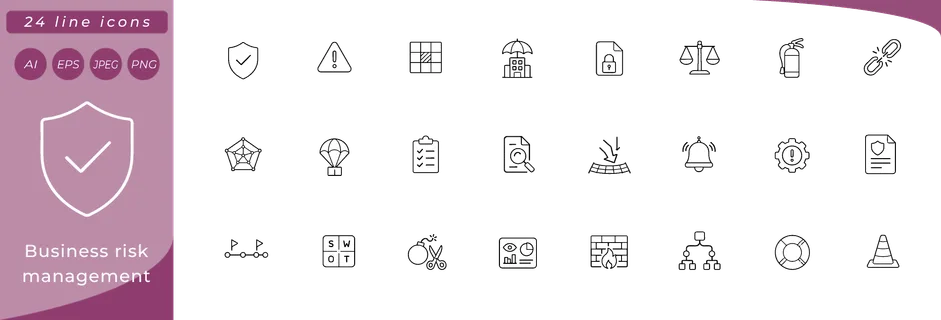 Business risk management: shield with checkmark, warning triangle, risk matrix grid, umbrella over building, lock on data file, balance scale, fire extinguisher, broken chain link, radar chart