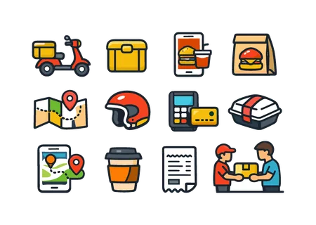 Food delivery service: delivery scooter vehicle, delivery box package, smartphone food order, restaurant takeaway bag, map route with pin, courier helmet, payment card terminal