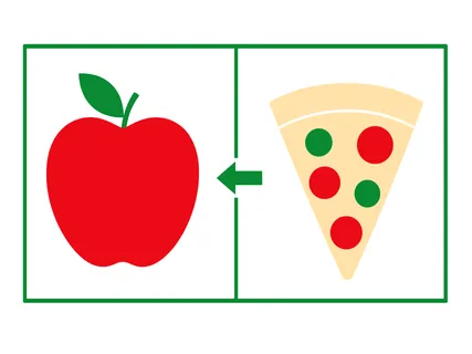 A visual representation of choosing between a healthy apple and an unhealthy slice of pizza, symbolizing dietary decisions and lifestyle choices
