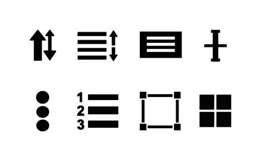Text formatting tools: font size arrows, line spacing icon, paragraph block, text cursor, bullet list, numbered list, text box frame, grid layout.