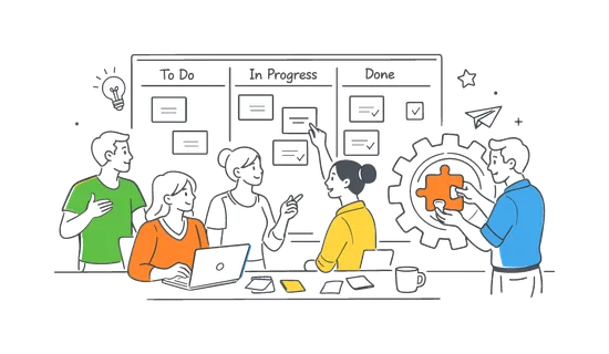 Agile project management workflow planning scene where a small team collaborates around a large kanban board with several simple task cards while one person places a single puzzle