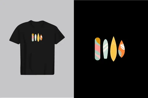 A black t-shirt featuring a minimalist graphic of four colorful surfboards with abstract patterns and tropical leaves