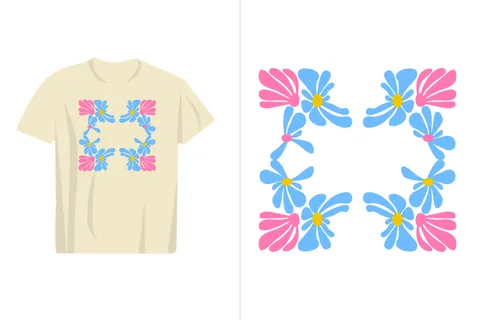 A cream-colored t-shirt showcases a charming square floral design featuring stylized blue and pink flowers with yellow centers