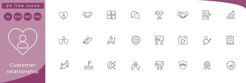 Customer relationship: heart with user silhouette, handshake, chat bubble with smile, CRM pipeline funnel, loyalty star badge, user profile card, feedback form, email with heart badge, phone handset