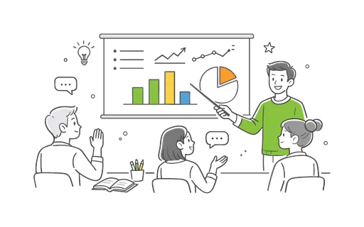 Educational digital presentation in a learning environment where a teacher or student explains concepts visually, depicted by a screen with simple charts and a pointer as