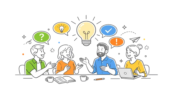 Colleague chat brainstorming scenario showing coworkers exchanging ideas and collaborating on solutions in a creative office setting, using a light bulb and dialogue
