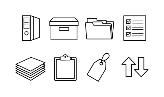Document organization tools: binder, archive box, labeled tab, checklist document, paper stack, clipboard, tag label, sorting arrows.