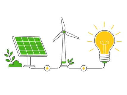 Illustration of solar panel and wind turbine connected to a glowing light bulb symbolizing clean energy generation and innovation