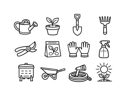 Gardening and plant care tools: watering can, flower pot with plant, garden shovel, hand rake, pruning shears, seed packet, garden gloves, spray bottle plant mister, compost bin