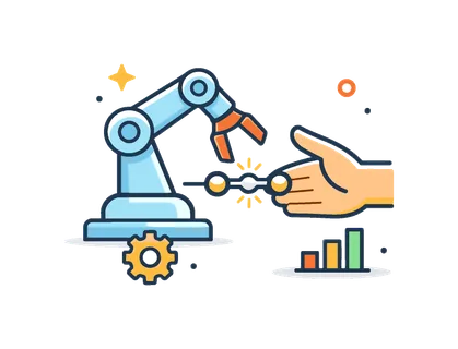 Smart manufacturing and human-machine collaboration in a future-ready industry concept focused on productivity and optimized workflows, a robotic arm paired with a simple