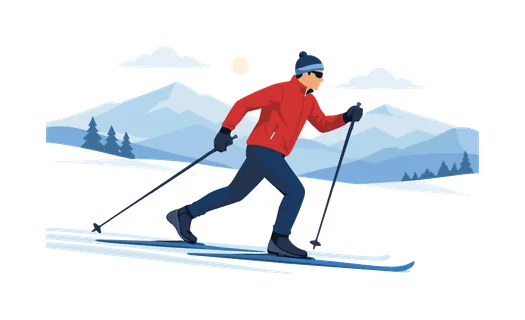 Winter sports activity and outdoor fitness during a cross country skiing session, a skier moving smoothly across a snowy trail using long poles while soft mountain silhouettes