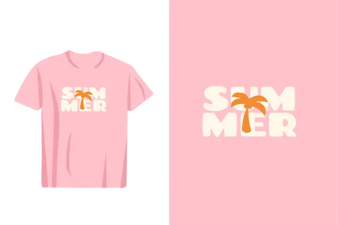 A stylish pink t-shirt featuring the word summer with a playful palm tree graphic replacing the letter 'o'