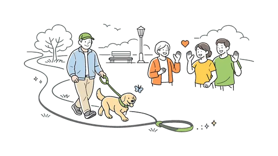 Healthy aging lifestyle scene where a grandfather walks his loyal dog through a peaceful park environment while neighbors greet each other nearby, a dog leash and a park path