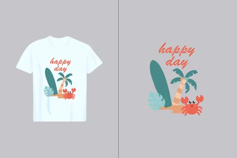 A cheerful crab, surfboard, and palm tree illustration evokes a fun summer vacation vibe