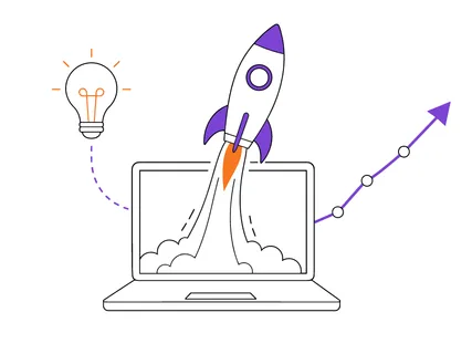 A stylized illustration depicts a rocket emerging from a laptop screen, symbolizing a new venture, with an idea lightbulb and upward trending graph