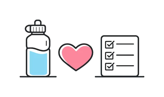Healthy daily habits and balanced lifestyle routines supporting personal wellbeing, a simple water bottle beside a small heart and a checkmark list forming a clean visual metaphor
