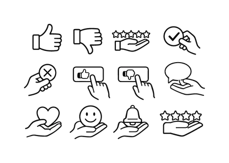 Thumbs rating feedback: thumbs up hand, thumbs down hand, hand with star rating, hand with checkmark, hand with cross mark, hand pressing like button, hand pressing dislike button