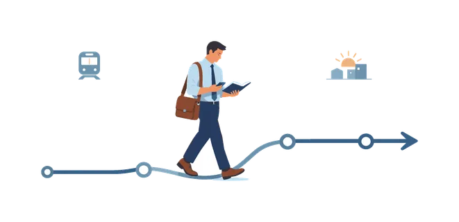 A professional commuting to work during morning hours using public transportation, standing calmly while reviewing daily plans and preparing mentally for the day ahead,
