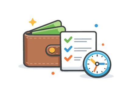 Financial loan administration and debt management supporting users in maintaining organized records and meeting obligations over time, a wallet combined with a checklist
