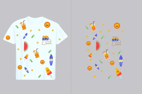 A white t-shirt adorned with a playful pattern of summer vacation icons like sun, drinks, and surfboards