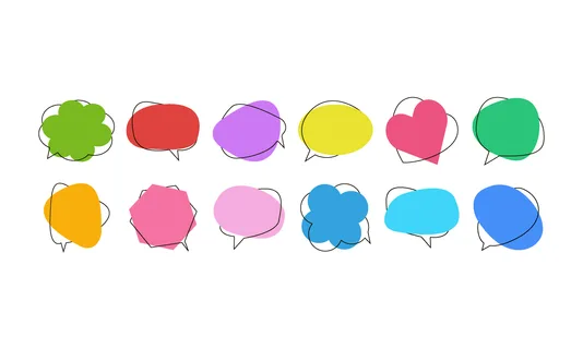 Collection of colorful, hand-drawn speech bubbles and thought clouds in various shapes