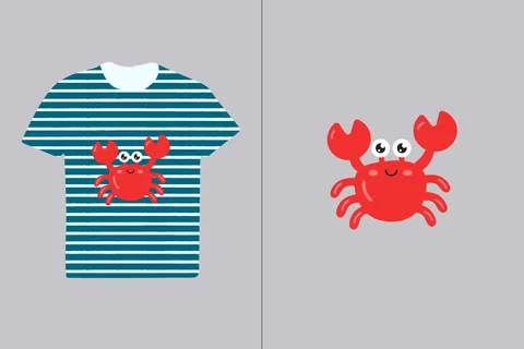 A playful red crab graphic is featured on a navy and white striped t-shirt, perfect for summer apparel