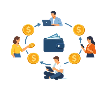 Economic exchange and financial movement in a modern digital economy environment, a group of coins forming a circular path connected by refresh arrows around a simple wallet symbol