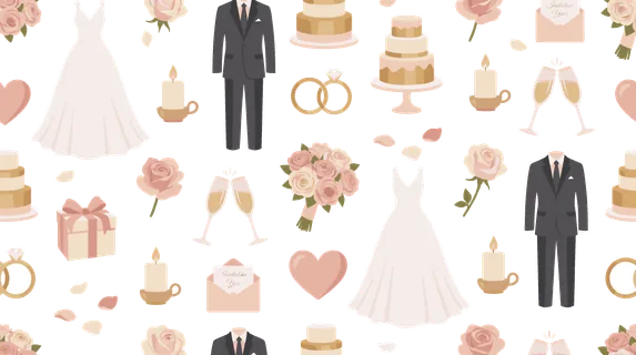 Wedding celebration seamless pattern for romantic event and bridal themes featuring bride dress, groom suit, wedding cake, ring, diamond ring, bouquet, rose, champagne glass, gift